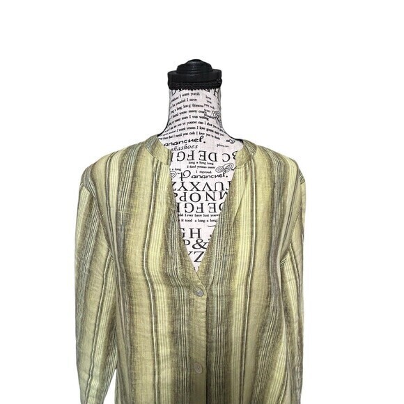 Nomadic Traders Women's 100% Linen Light Green Stripe Button Up Medium - Picture 2 of 8